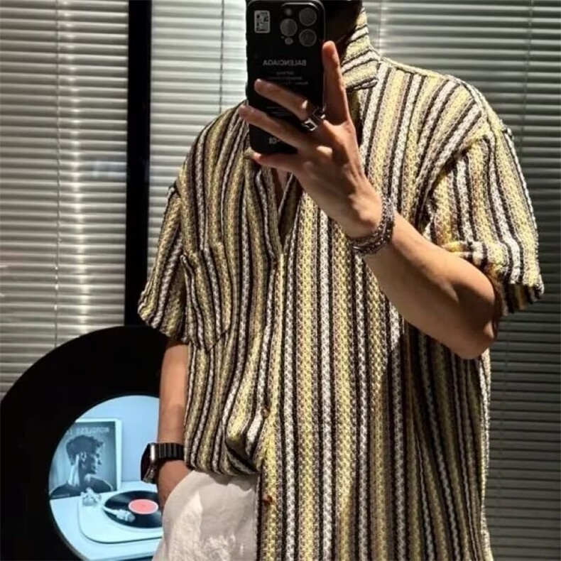 W498-P50夏季设计感日系复古镂空条纹口袋短袖衬衫半袖衬衣,男装衬衫,星座911-1