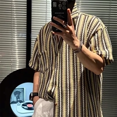 W498-P50夏季设计感日系复古镂空条纹口袋短袖衬衫半袖衬衣，男装衬衫，星座911-1