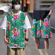 TZ04东北大花坎肩无袖背心马甲短裤套装大码风民族特色汉服潮，男装休闲套装，星座115A(原星座507）
