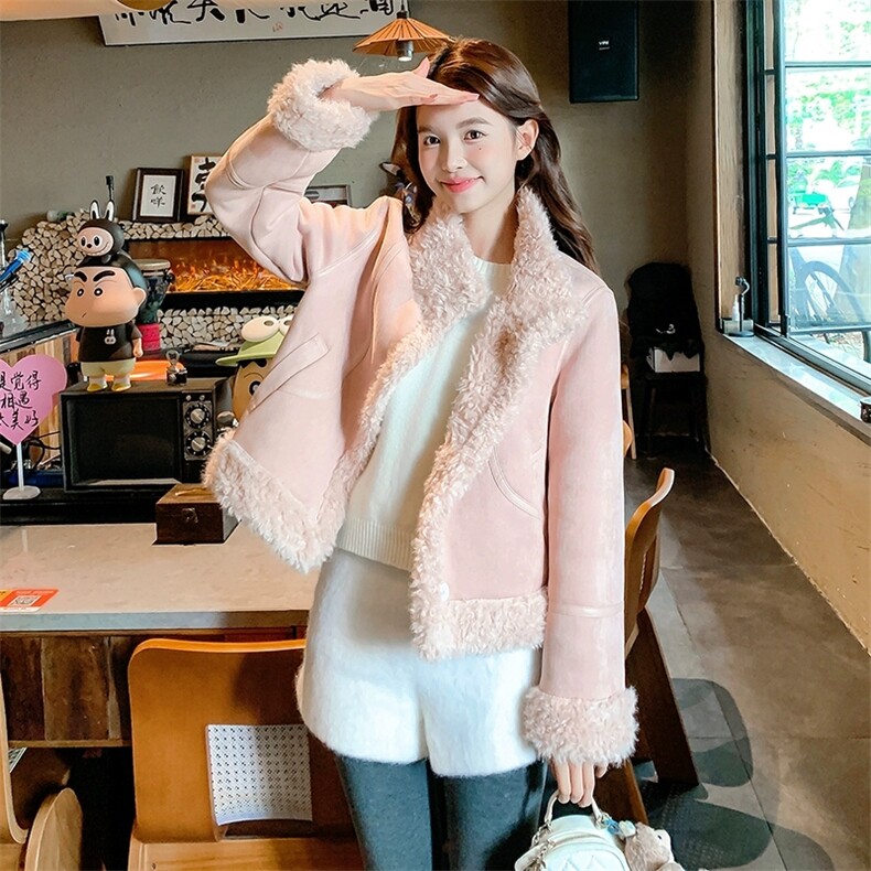 羊羔毛皮毛一体外套女冬韩系加厚保暖麂皮绒上衣，女装羊羔毛/颗粒绒，浙宝106