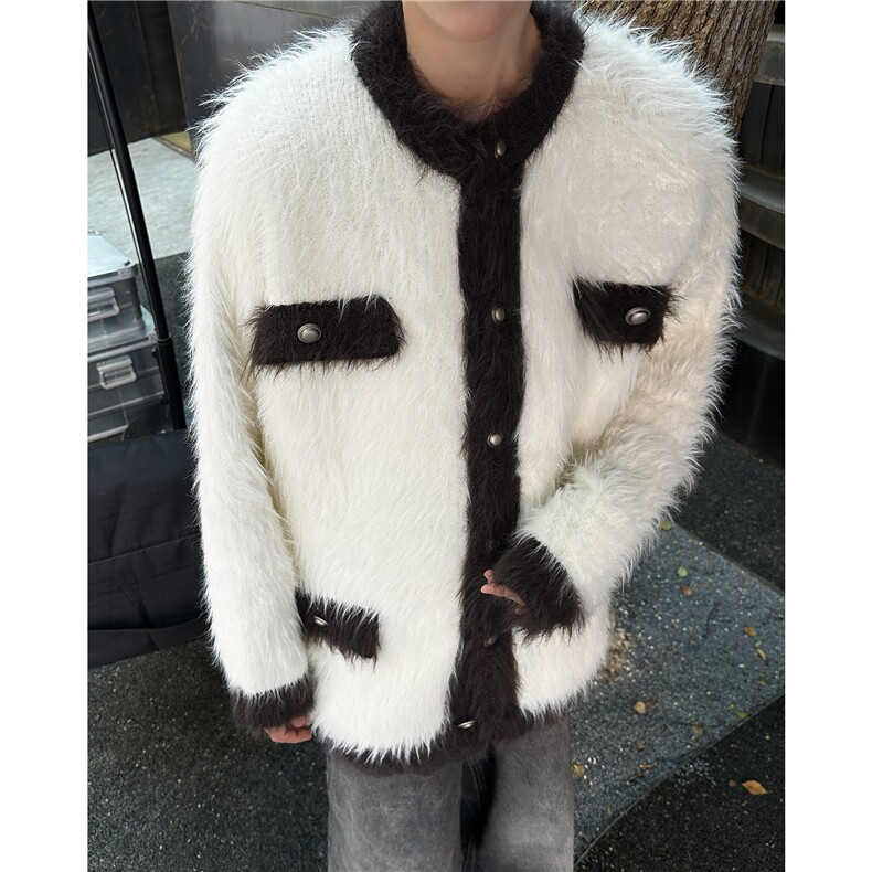 潮牌水貂毛小香风拼色圆领针织衫秋冬休闲宽松开衫毛衣外套男女，男装针织衫/毛衣，星座601-2