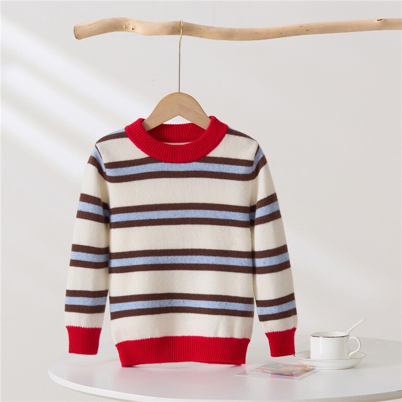 2025年新款百搭条纹撞色长袖圆领羊绒衫，童装儿童羊绒衫，轩曦羊绒