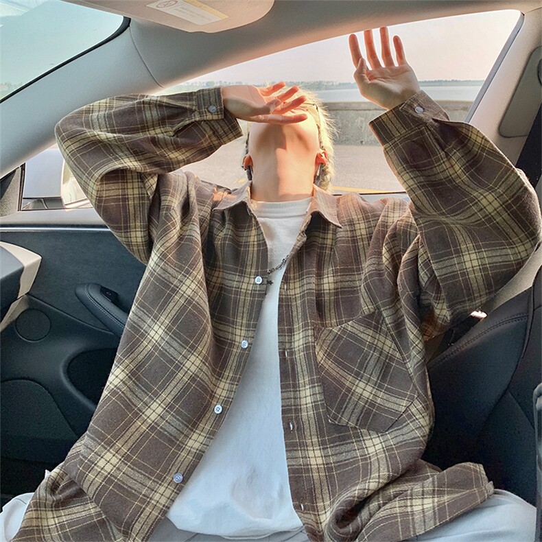 衬衫男秋季新款港风宽松大码磨毛格子长袖衬衣CS601-特P27，男装衬衫，星座214-3