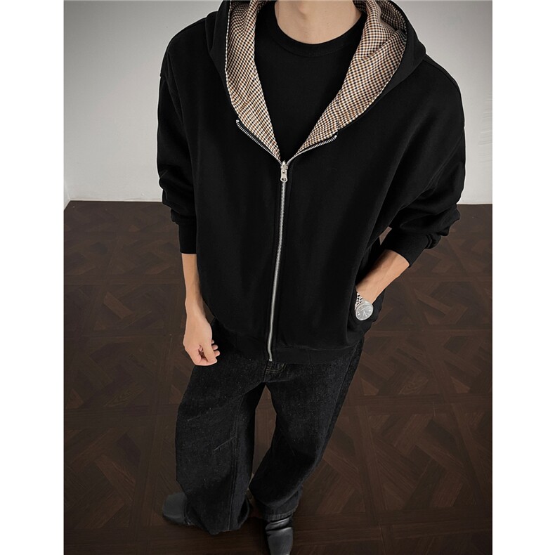 秋冬装双面穿千鸟格拉链连帽开衫情侣卫衣男女外套H1130特P65，女装短外套，电商A341