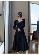 秋季新款韩版时尚修身淑女气质高雅珍珠领连衣裙，女装连衣裙，荷塘月色