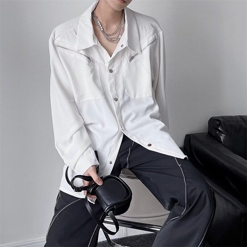 W9559-P50网图现货设计感金属扣拉链装饰长袖衬衫潮流垂感衬衣,男装衬衫,星座1608-2