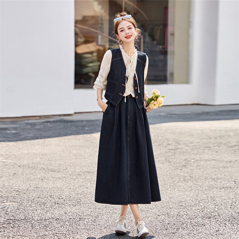 牛仔套装裙女春季2025新款宽松马甲长袖衬衫短袖T半身裙三件套,女装套装/套裙,秀美人生