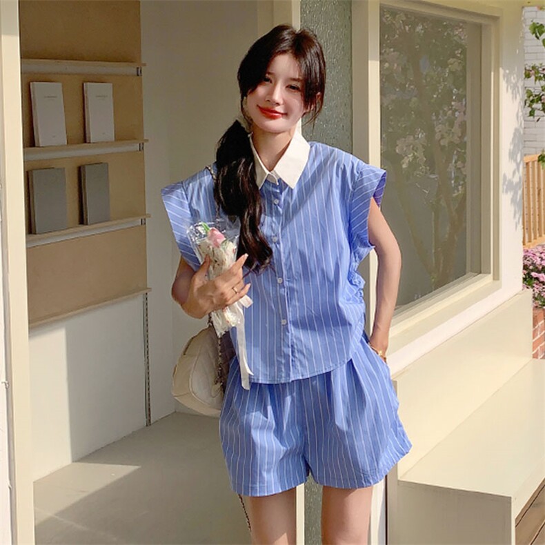 蓝色条纹时尚套装女夏季新款韩版宽松休闲衬衫高腰显瘦短裤两件套,女装套装/套裙,2D143
