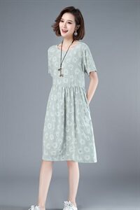 2021年夏季通勤韩版中长款A字裙40-49周岁印花圆点高腰短袖裙子图片