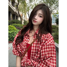 TC610-P45复古甜格红色休闲格子衬衫防晒女韩系宽松中长款衬衣，女装衬衫，星座617A-2