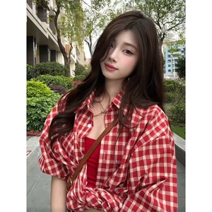 TC610-P45复古甜格红色休闲格子衬衫防晒女韩系宽松中长款衬衣图片