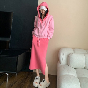 女春季新款韩版连帽卫衣开叉半身裙套装图片