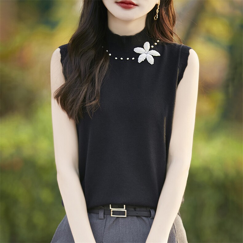 2025春夏新款半高领无袖背心女钉珠花瓣设计感洋气内搭打底衫上衣，女装背心吊带，暖烁羊绒
