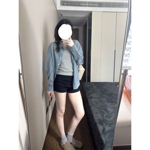 TC537-P45韩系蓝色格纹衬衫新款设计感宽松百搭衬衣气质chic上衣图片