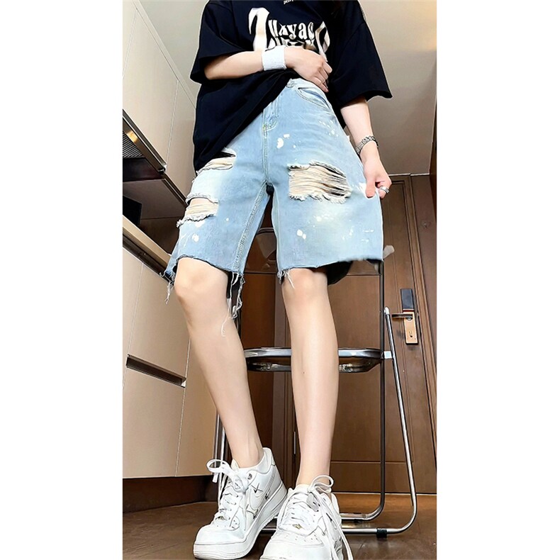 夏季无影墙男士宽松直通毛边破洞乞丐泼漆五分短裤男大码高街小众,男装牛仔裤,星座301D-4(原星座1004-4）