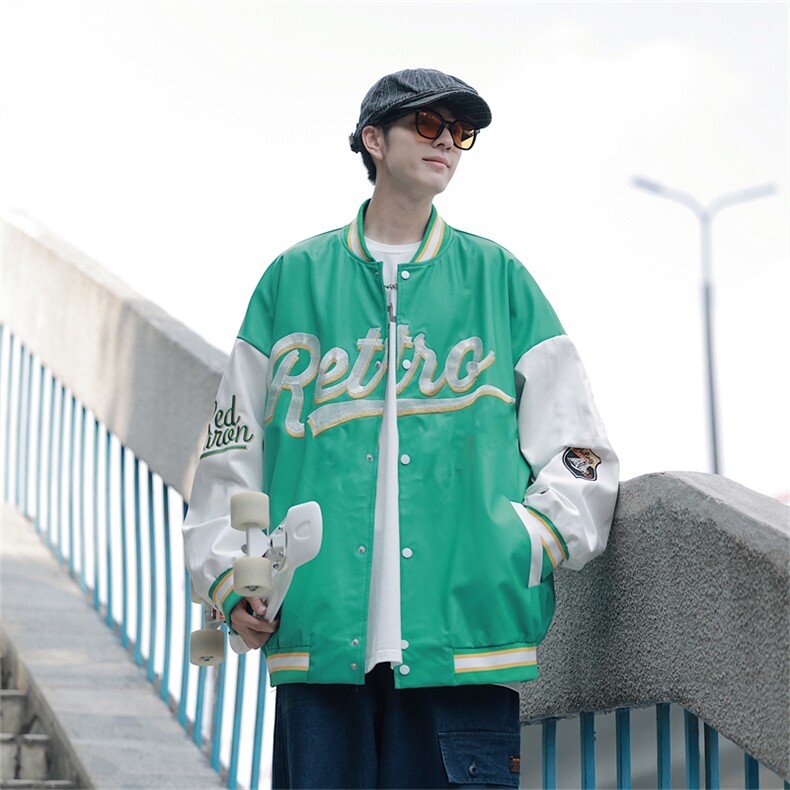 特批72控128秋款pu皮拼色男士棒球领刺绣外套机动皮夹克潮PJ222,男装夹克,电商B370