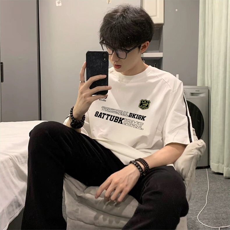 抖音得物高品质二开240克宽松纯棉美式潮牌三条杠织带短袖T恤，男装T恤，电商A486-1