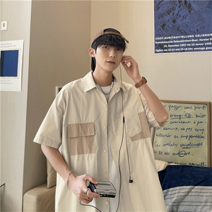 日系cityboy卡其杏色拼接工装衬衫短袖宽松衬衣设计感W3171-P30图片