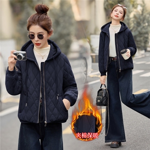 藏青色休闲连帽夹棉加厚外套女2025秋冬新款宽松时尚百搭保暖棉衣