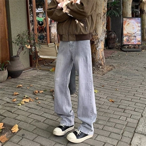 水泥灰牛仔裤男春秋新款宽松水洗做旧百搭直筒长裤子 NG49图片