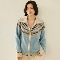 重工欧洲站费尔岛提花羊绒衫高领拉链开衫长袖加厚款拼色外穿毛衣，女装羊绒衫，纳丰羊绒