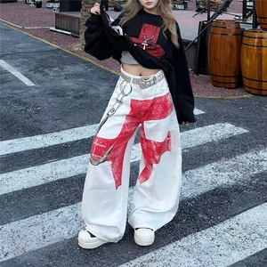 N9009-P53 美式复古大码个性挂钩拼接牛仔休闲裤女辣妹高级感图片