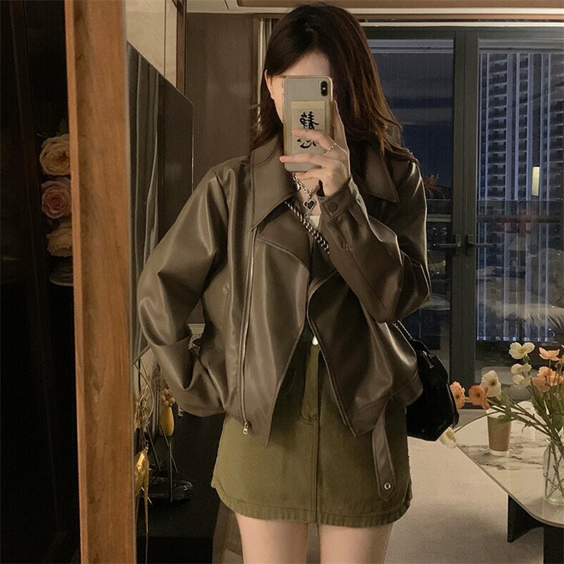 A358-P100可露丽风翻领pu皮衣外套新款复古短款宽松帅气长袖机车,男装夹克,星座911