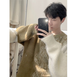 渐变慵懒毛衣男生秋冬仿貂毛时尚针织衫男毛衣外套毛绒 MY7205图片