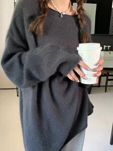 卷边一字领针织衫女士纯色宽松套头休闲简约打底衫图片