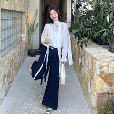 高级感气质一整套穿搭女2025春季新款高级感飘带上衣阔腿裤两件套，女装套装/套裙，2D078