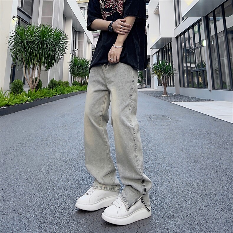 美式高街vibe水洗做泥染拉链开叉牛仔裤男直筒微喇长裤GN83-P45图片