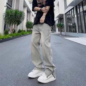 美式高街vibe水洗做泥染拉链开叉牛仔裤男直筒微喇长裤GN83-P45,条纹瘦腿裤子搭配什么上衣图片