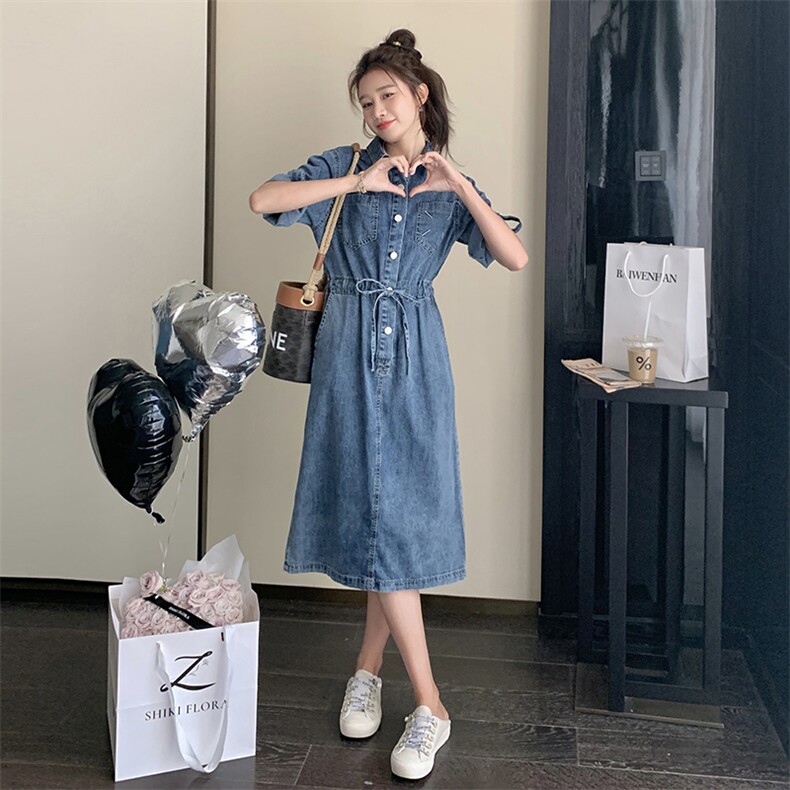 【现货】2025夏新中长款牛仔衬衫领连衣裙2C037088P,女装连衣裙,2C037