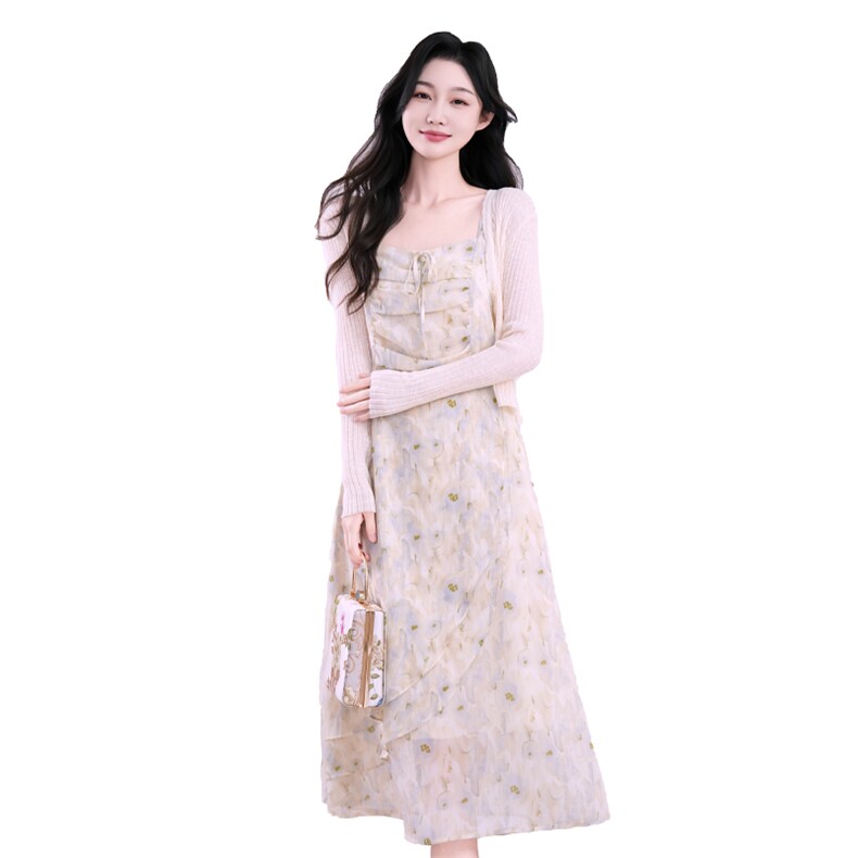 碎花连衣裙两件套法式洋气减龄仙女裙套装女,女装连衣裙,曼琳思菲