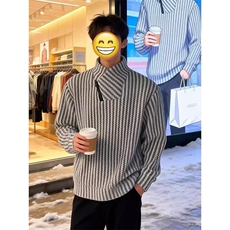 高品质春装新款老钱风美式高街鱼骨纹斜拉链解构高领卫衣长袖t恤，男装T恤，电商A486-1