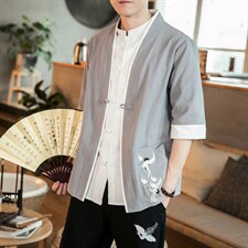 风外套五分袖男唐装盘扣开衫道袍和服宽松夹克茶服M129P50，男装T恤，钱塘788(原4013)