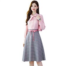 2021春秋季新款衬衫领拼接格子连衣裙简约气质知性优雅套装/套裙，女装套装/套裙，瑶迪依秀