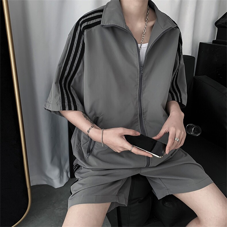 运动服装男套装短裤两件套洋气百搭情侣装三条杠601-1-TZ33，男装套装，星座601-1