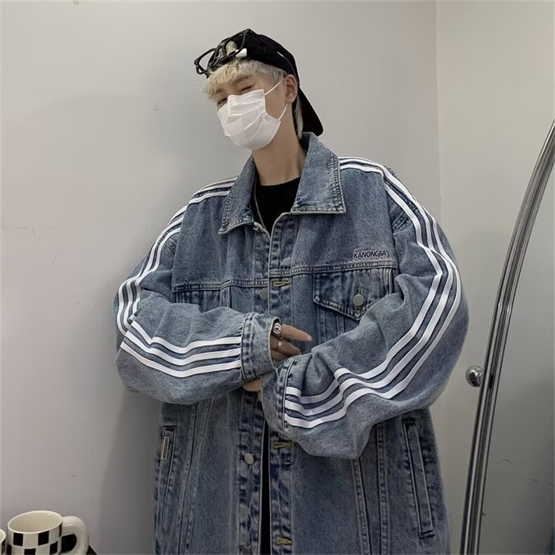 美式条纹拼接牛仔外套男宽松高街三条杠男生潮牌JM69-P8,男装夹克,星座1109-3