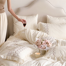新款120支法式浪漫花卉刺绣全棉四件套--伊莎贝尔系列，床品套件，一起卖家纺
