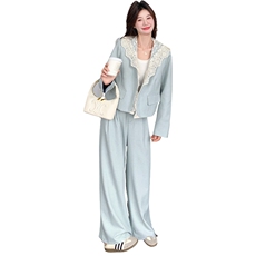 设计感西装套装女2025秋季新款今年流行减龄蕾丝西服阔腿裤两件套，女装套装/套裙，2D078