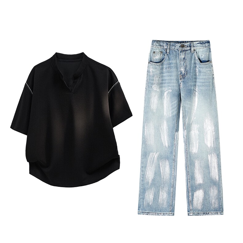 得物套装V领短袖搭配美式复古手工烫银箔涂鸦牛仔裤特P117，男装休闲套装，电商B319