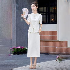 新中式国风职业套装裙子夏季新款气质提花盘扣西装包臀裙两件套女，女装套装/套裙，火爆靓佳人