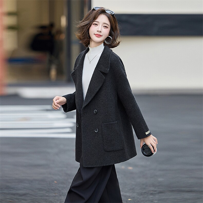 韩版西装领毛呢大衣女中长款双排扣高端气质外套秋冬,女装双面呢大衣,蝶眷