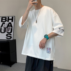 港风冰丝T恤2025夏装日系刺绣七分袖短袖T恤男加肥加大码上衣,北方秋冬大码穿搭图片
