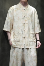 2025夏季新款风男装盘扣新中式唐装竹叶印花衬衫C109-P50，男装衬衫，电商B277(原6028)