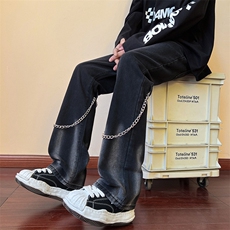 现货高街vibe黑色扎染设计感链条修身微喇牛仔裤男K880-P55控78，男装牛仔裤，星座205