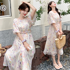 Tone法式多巴胺碎花连衣裙女森系2025夏新款少女甜美中长初恋裙，女装连衣裙，天使之佳话