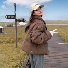 韩版咖色格纹短款羽绒服女2025年冬季新款显瘦保暖立领白鸭绒外套，女装羽绒服，2C309