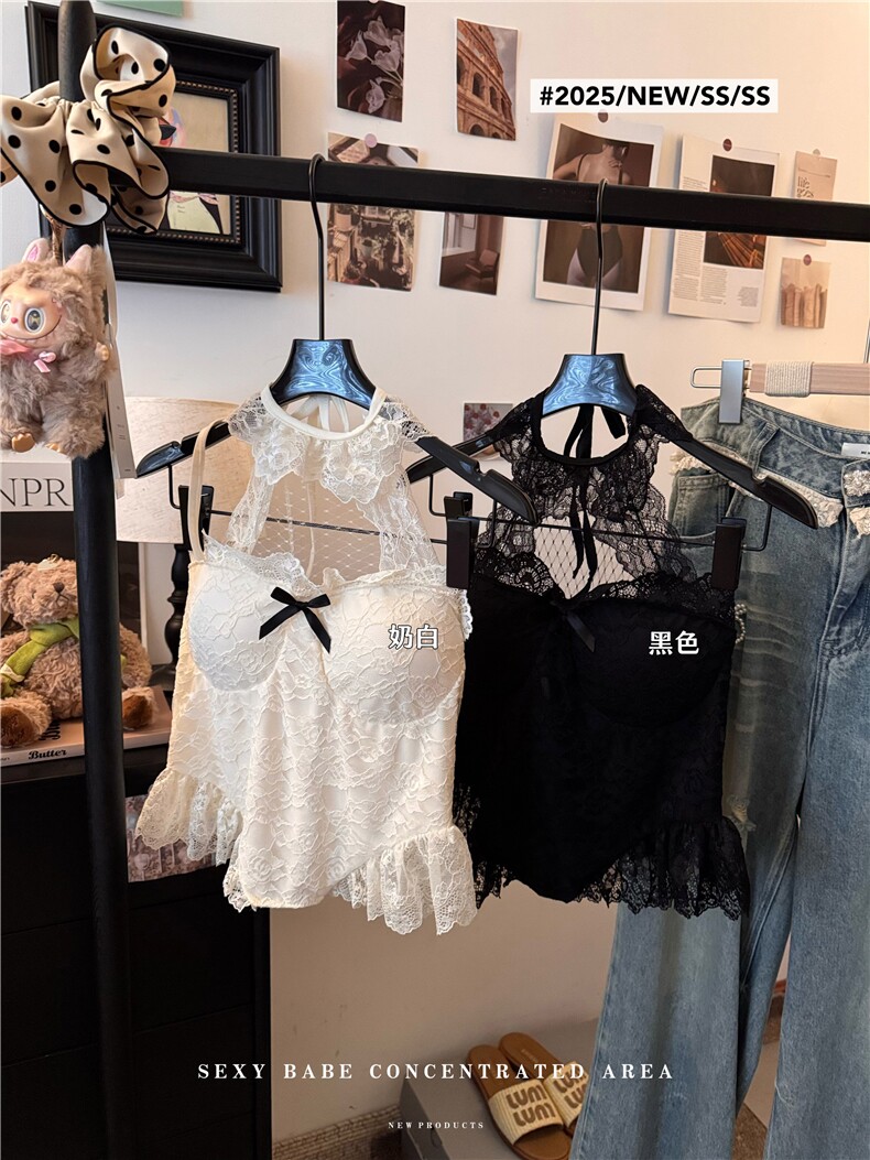纯欲风蕾丝拼接挂脖露肩背心女春夏短款收腰紧身性感上衣，女装背心吊带，梦白服饰厂